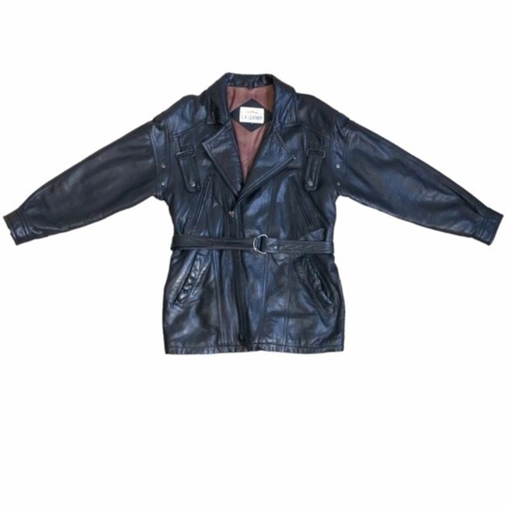 VTG 90s Y2K Belted Zip Front Black Leather Biker Bomber Jacket Coat
